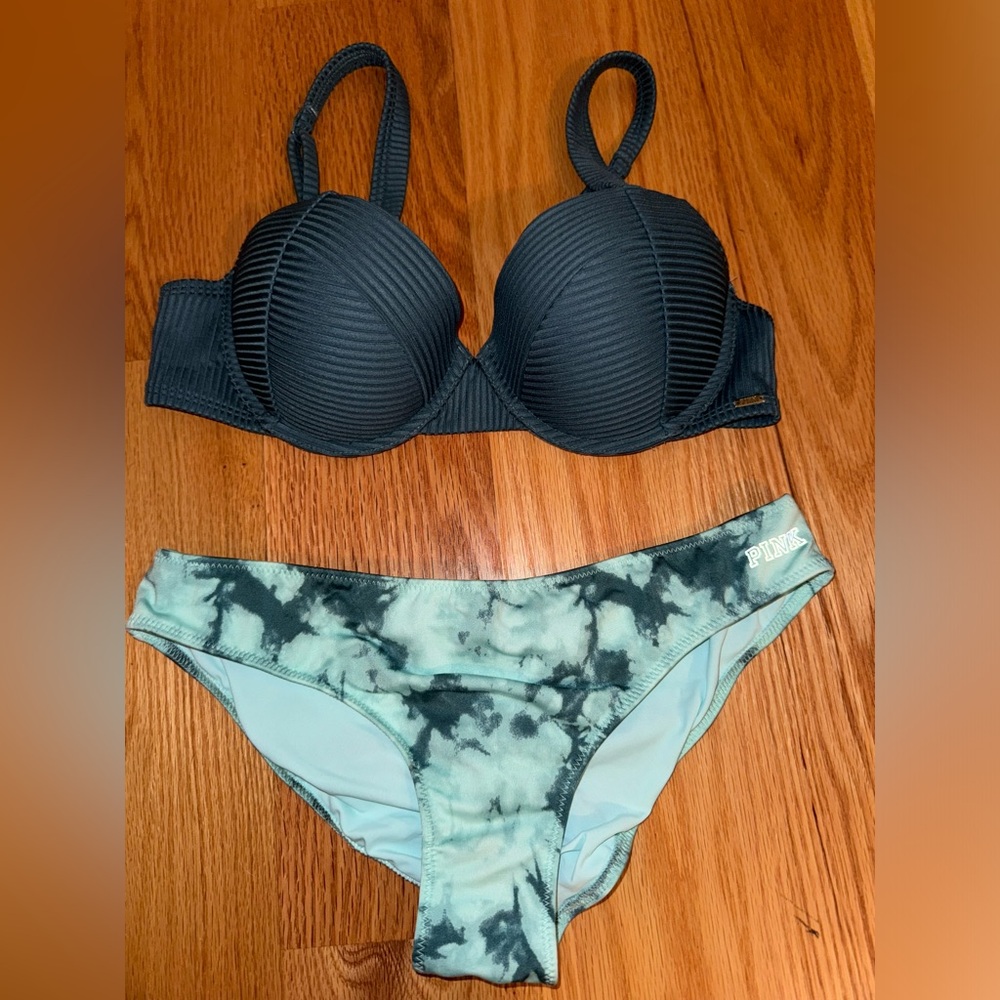 VS PINK dark Green padded bikini top and tie dye bottom size medium